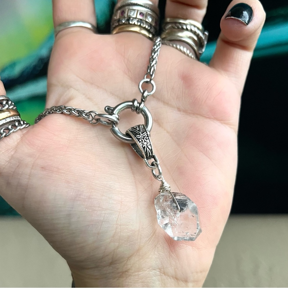 Genuine big herkimer diamond stainless steel wheat chain clasp in front necklace - Picture 6 of 15